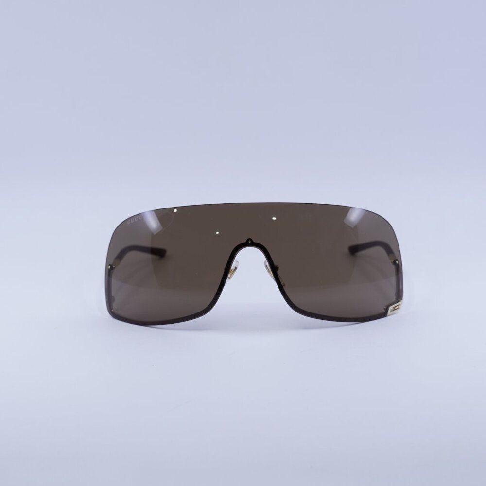 Gucci GG1560S 002 Sunglasses Gold Shield Frame, Brown Lenses - Picture 3 of 11
